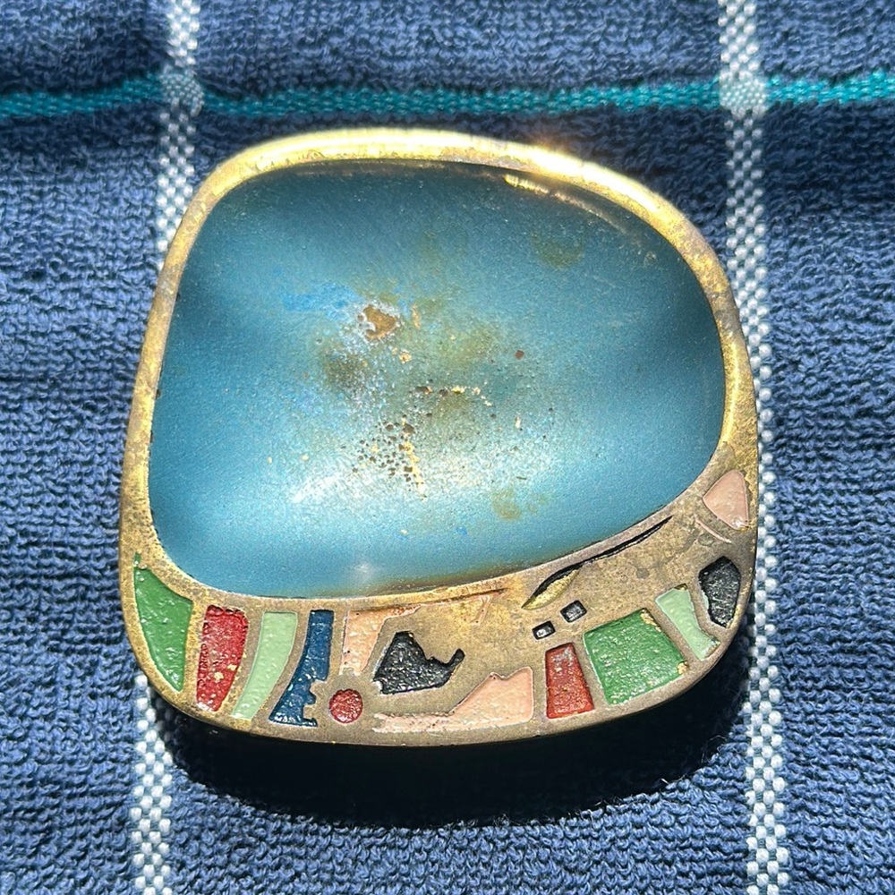 Brass ashtray hand painted. Made in Israel. Small. Blue green red black